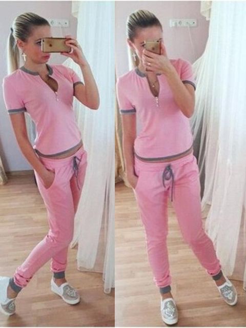 Mulheres mangas curtas Pullover camisola e calça terno esportivo