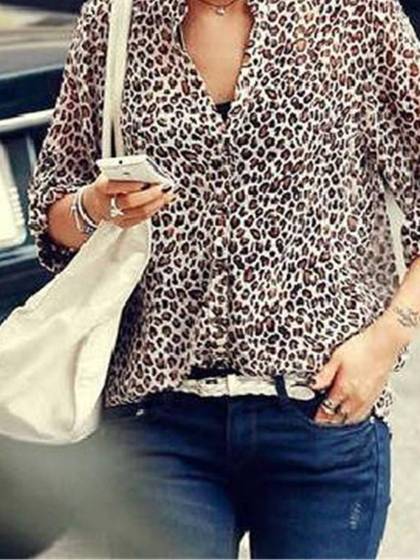 Leopardo de manga longa feminina Chiffon Tops Blusa de protetor solar