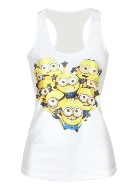 Mode d&#39;été pour femmes 3D numérique en forme de coeur blanc pur dessin animé Minions imprimer sans manches mince mode gilet réservoirs T-shirt