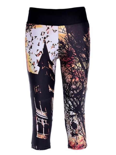 New Fashion Womens Dark Seal Polyester Fibers Elastiskt digitaltryck 3/4 leggings för träning