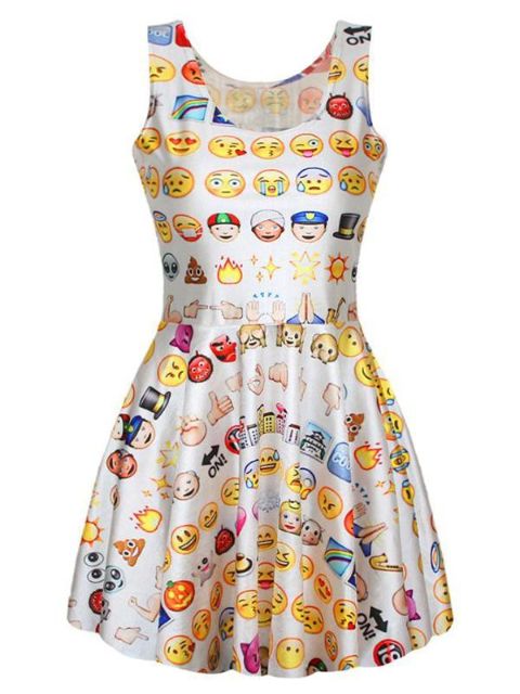 Kvinder Hvid Sød Rundhals Ærmeløs Mønster Emoji Trykt 3D Tank Plisseret Kjole