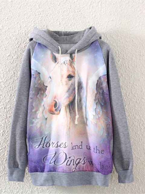 Queda de Moda de Nova Branco Cavalo Impressão Manga Longa Esportes Casuais Grossas de Lã Com Capuz Camisola Casaco Pullover
