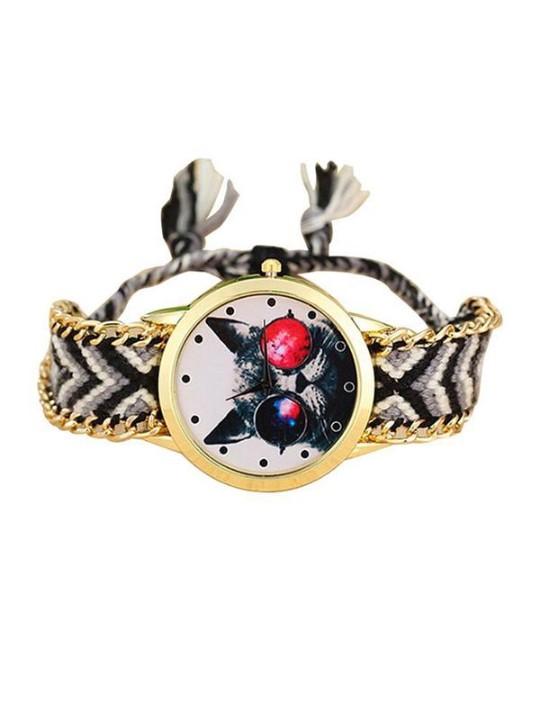 2015 Femmes Fille Chat Plaqué Cas Analogique Quartz Tressé Montre-Bracelet Bracelet