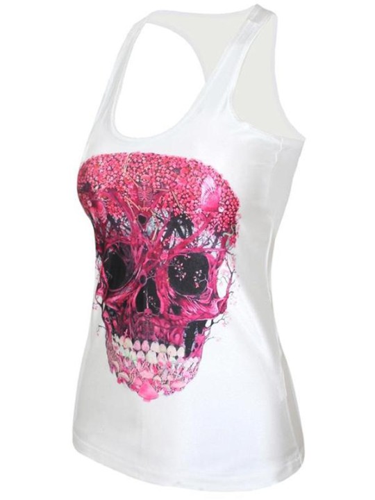 Women's Fashion Hot Pink Skull Digital Print Tank Top Summer T-shirt