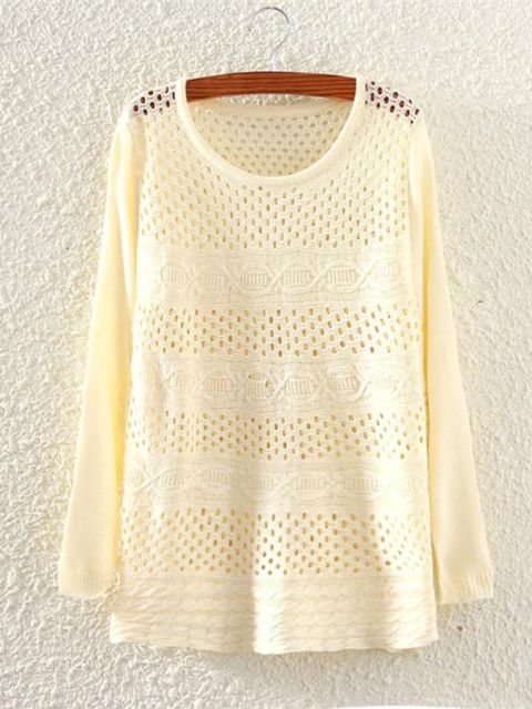 Haust Ný Evrópa Stíll Chemise Ferskur hringlaga kraga Gataður prjónafatnaður Langar ermar Peysa peysa