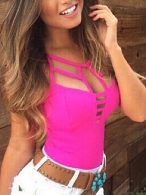 Sexy Cross Hallow Out Neck Crop Top sans manches pour femmes Clubwear