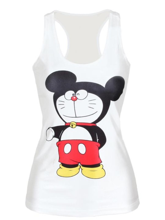 Sumartíska kvenna 3D stafræn teiknimynd Mikki mús Dóemonemon prentun ermalaus grannur tískutankur T-bolur