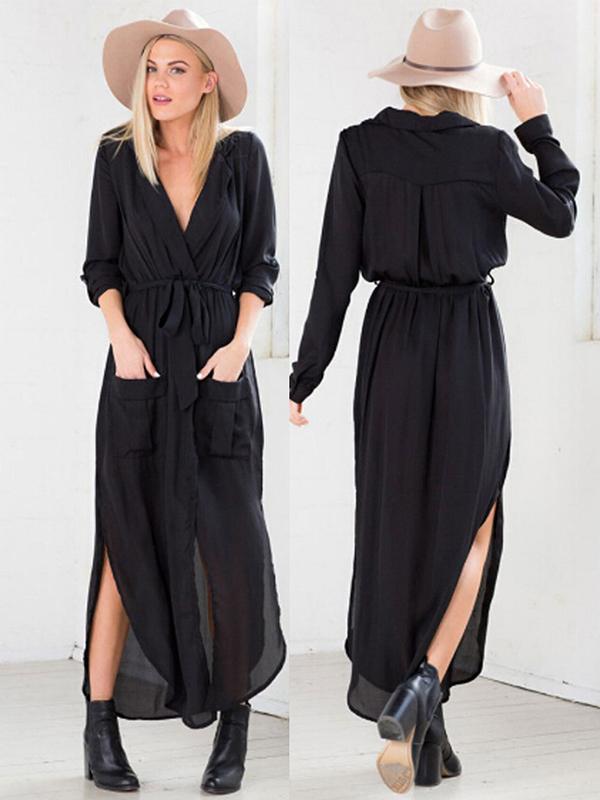 Cuello alto de manga larga Vintage Turn-down Casual Maxi Dresses Trench Coat (Negro
S-XL)