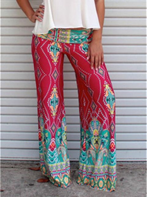 Women Tribal Aztec Printed  Casual Pants Wide Leg Fold Over High Waist Palazzo Pants Trousers
