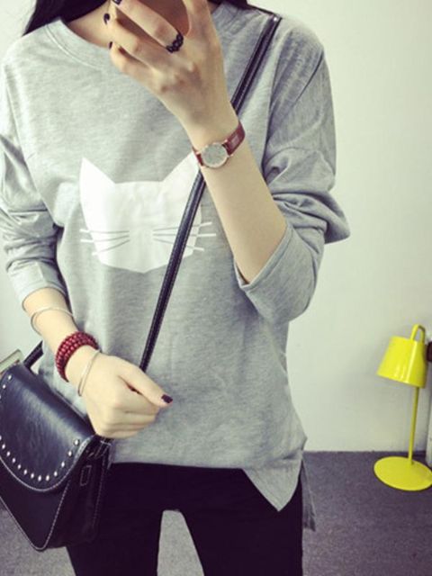 Camiseta gruesa de manga larga con cuello redondo y cuello redondo de algodón gris