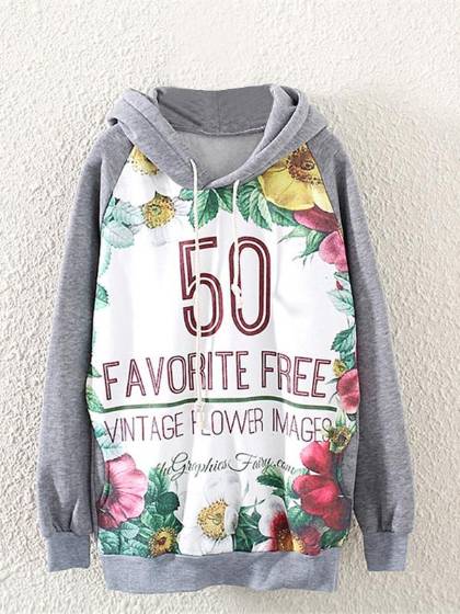 Kvinnors höst Nytt mode Fritid Lös blommigtryck Långärmad grå tjockare fleece huva tröja rockar toppar