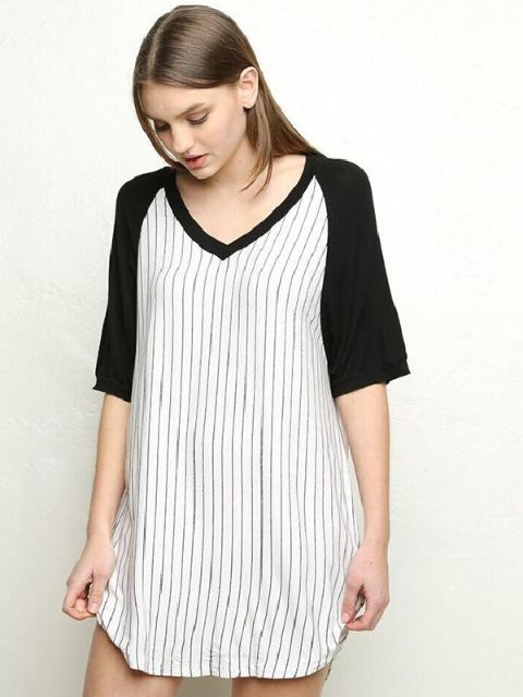 Damenmode Striped T-Shirt Halber Kurzarm V-Ausschnitt Baumwolle Tops Lose Slim Fit Baseball Tees
