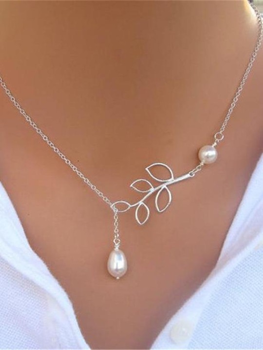 Nýtt Elegant Branch Leaves Perlu Keðja Hengiskraut Hálsmen Skartgripir Aukabúnaður