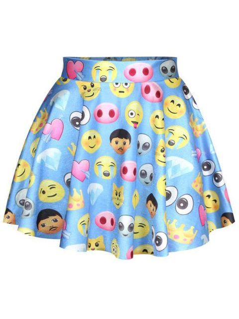 Sumartískan Emoji stafrænt prentun með háum mitti plissað flared skautahlaupara