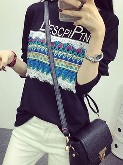 T-shirt imprimé lettre taille plus à la mode pour femmes à manches longues et col rond