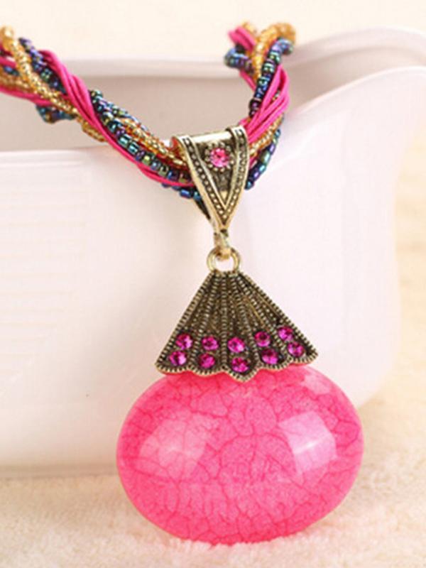 Kvinders nye Hot Pink runde Crystal Stone Chain Bohemian National Wind Pendant halskæde
