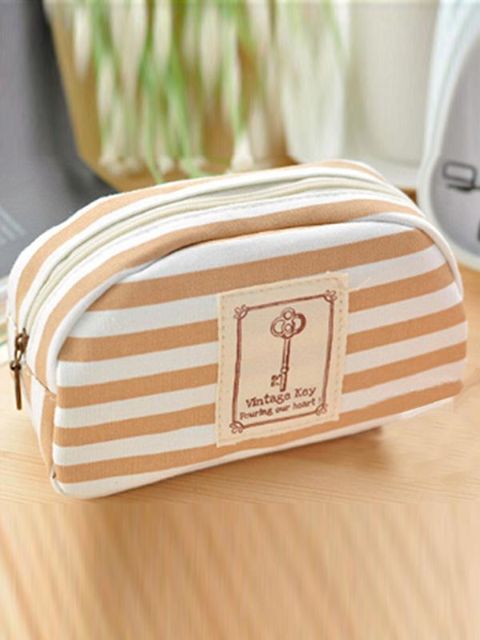 Navy Wind Creative Canvas Pen Bag & Pencil Bags Cute Large Capacity Stripe Stationery Bags Carrying Pouch
