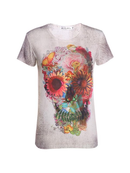 2015 Nouvelle Arrivée Femmes D&#39;été Fleur Tête De Crâne Imprimé 3d T-shirt Cool Top Mode Nouveauté Tee