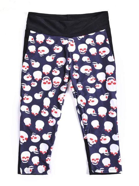Fashion Womens Polyester Fibers Elastic Digital Print Red Eye White Skull Lift The Hips High Waisted 3/4 Leggings For Yoga Workout Fitness Exercise