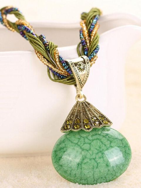 Cadeia De Pedra De Cristal Redonda Verde das mulheres Boêmio Nacional Vento Pingente de Colar