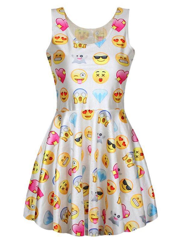 Kvinnors vita färg New Smiley Faces Emoji Printed 3D Fun Sleeveless Mini Vest Kjol Klänning