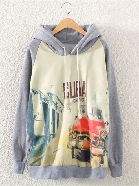 Kvinnors nya mode Euramerican Fog Street View Printing Varm Casual Långärmad Tjockare Fleece Hooded Sweater Coat