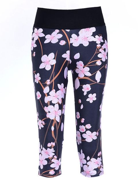 Naisten uudet polyesterikuidut joustava digitaalinen painatus mustan pohjan persikan kukat nostavat lonkat korkealla vyötäröllä varustetuista 3/4-leggingsistä joogaharjoitteluun.