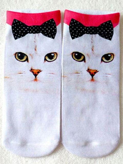 Multicolor Harajuku Style Cat With Bowknot Pattern Hombres y Mujeres Calcetines 3D Impreso Cute Low Cut Tobillo Calcetines