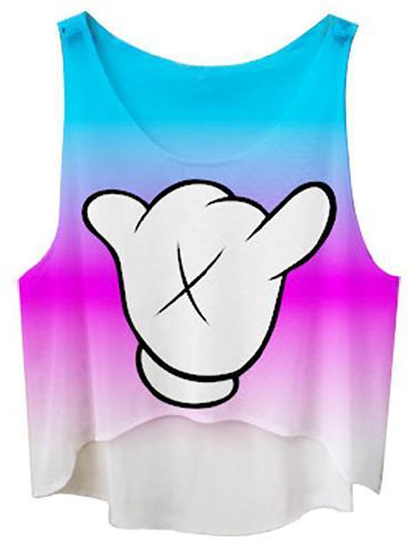Women Fashion Summer Sleeveless Loose Crop Tops Finger Digital Printed Vest