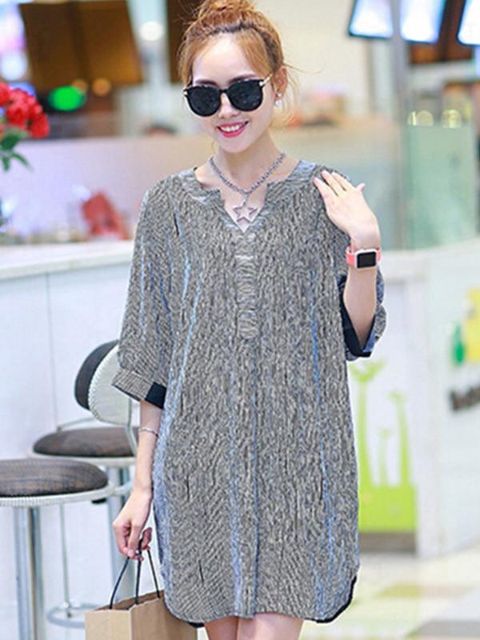 Summer Fashion Casual Half Sleeve Long Blouses Lady Stripes Loose Dress Chiffon Blouses Dress Outwear