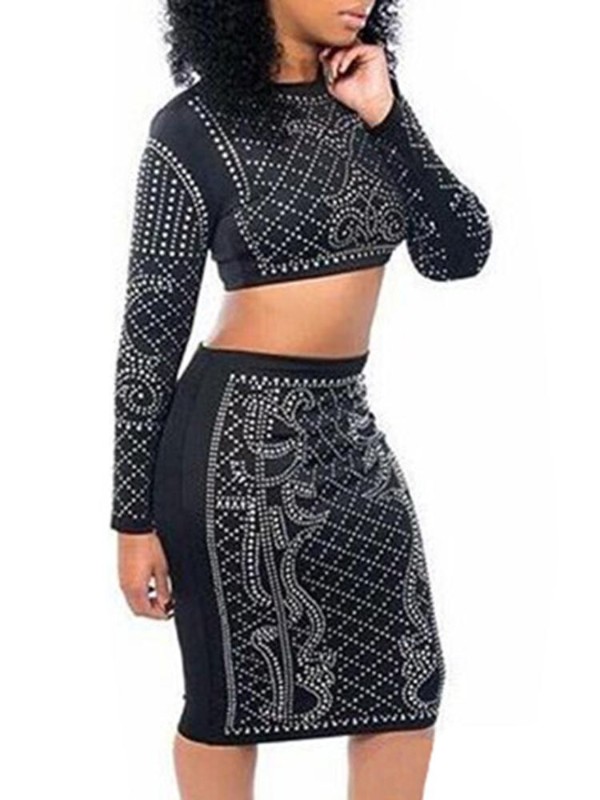 Frauen Sexy Slim Fit 2 stücke Anzug Set Langarm Bare Midriff Crop Top Rock Bodycon Kleid