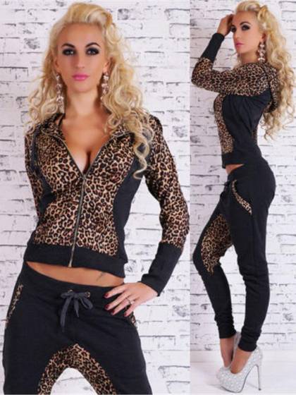 Leopard Patchwork íþróttafatnaðarjakki kvenna og Harem buxur