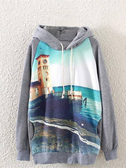 Femmes automne nouvelle mode florale ville tour impression décontracté à manches longues gris plus épais polaire à capuche pull manteau hauts