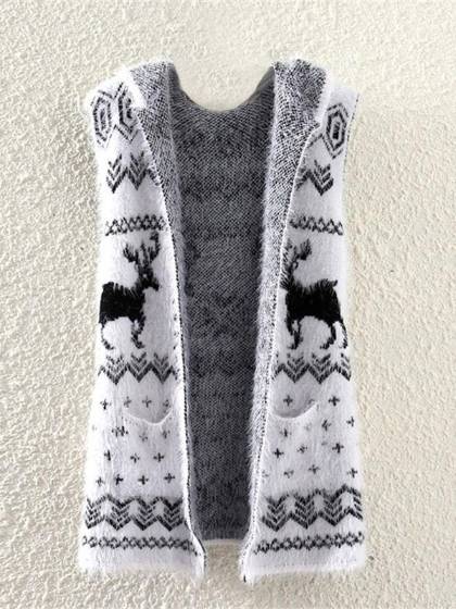 Female New Winter Christmas  Deer Pattern Hooded Cardigan Vest Pocket Sleeveless Sweater Coat