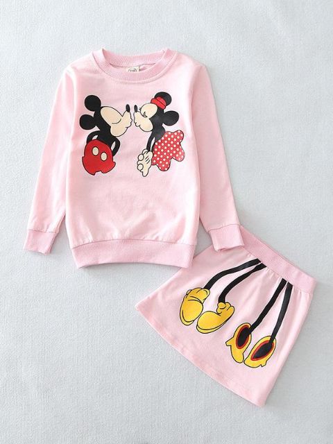 Baby Girls Vor Haust Börn Fatnaður Set Teiknimynd Bómull Föt Setur Jakkaföt Micky Minnie Mouse Kids Langerma Pullover T-bolur Pils föt