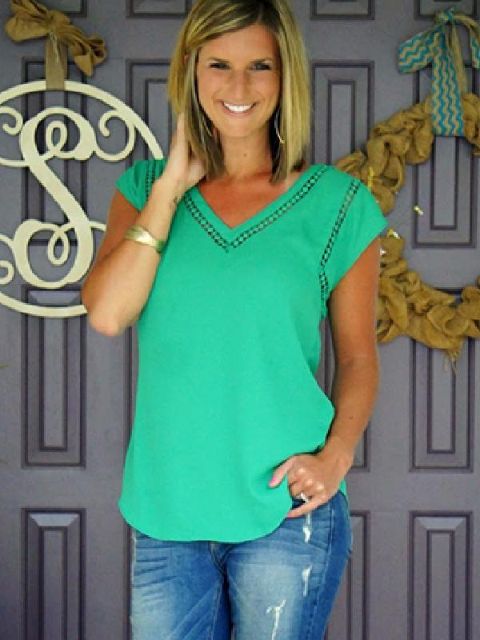 Tíska kvenna í stærð grænn bolur stutt ermi V-háls Slim Fit boli