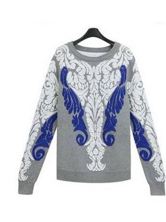 Naisten rento sininen ja valkoinen posliinikuvioinen O-kaula, pitkähihainen lämmin neulottu villapaita