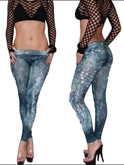 Sexy Denim Look Punk Pedrinhas Floral Falso Jean Leggings Calças Justas