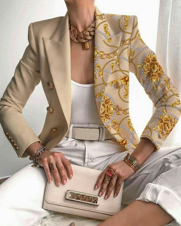 Huivi Tulosta Patchwork Käänne kaulus Double Breaster Blazer