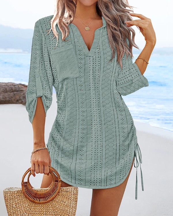 V-Neck Roll Up Sleeve Hollow-out Drawstring Mini Dress Vacation Dress