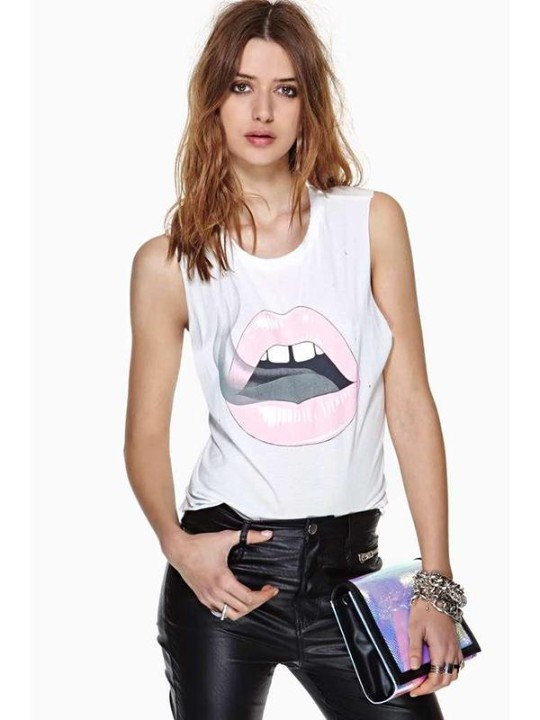 Women Fashion White Digital Sexy Mouth Print Sleveless Vest Vrop Top Shirt