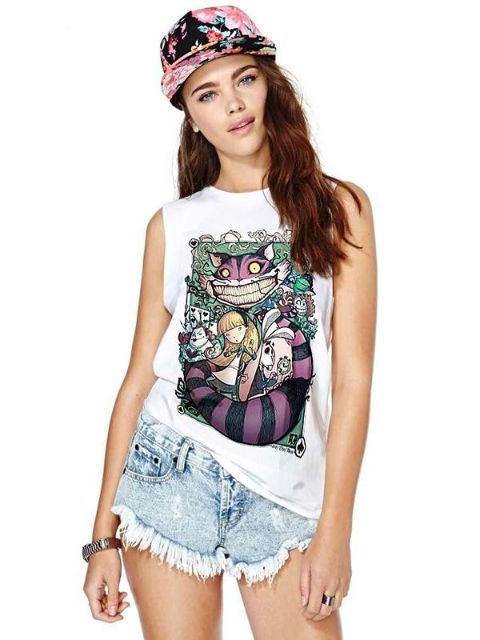 Las mujeres de moda blanco Digital Cute Cartoon Cat Print Sleveless chaleco Vrop camisa superior