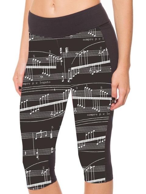 Mode Kvinnor Polyesterfibrer Elastiskt digitaltryck Svart bas Musik Poäng Hög midja Lyft höfterna 3/4 Leggings för yoga träning Träning