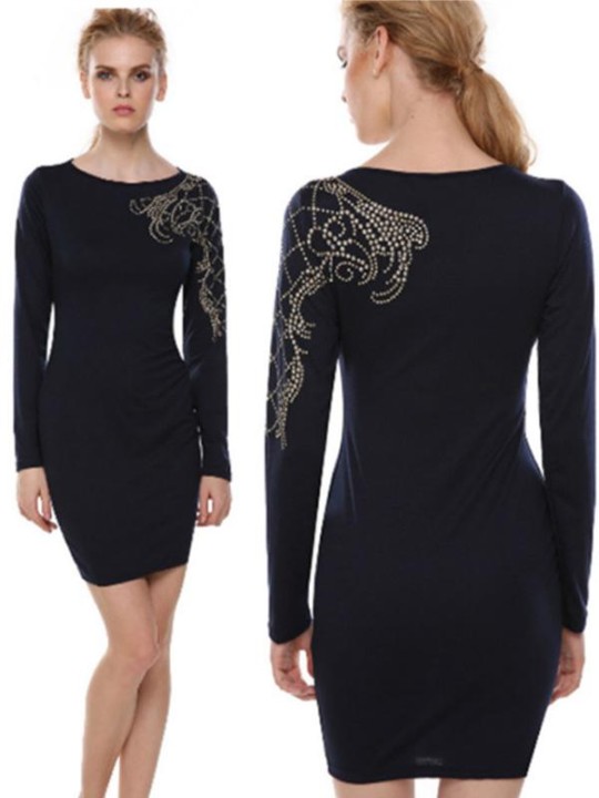 Moda feminina de queda manga longa Casual vestido em torno do pescoço Mini vestido lápis vestido