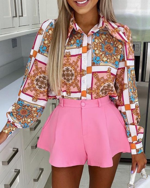 Trefil prenthnappur að framan og stuttbuxur sett