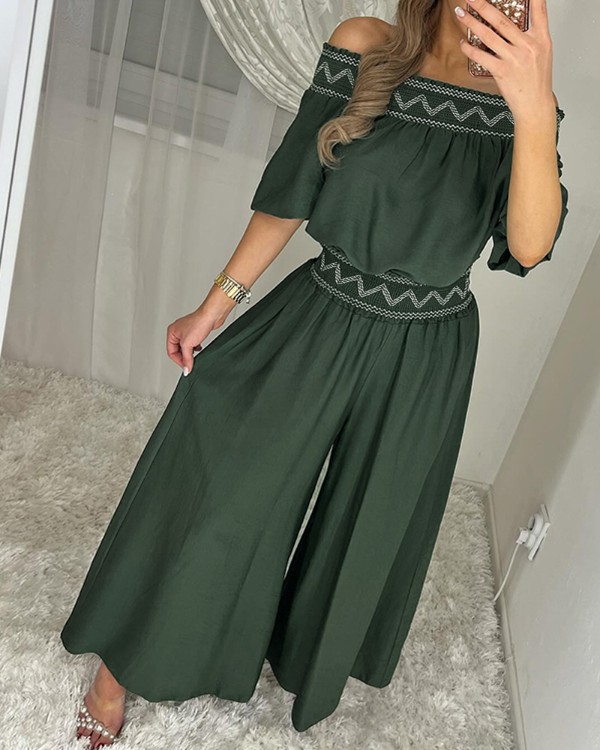 Tribal Pattern Off Shoulder Half Sleeve Top Shirred Wide Leg Pants Vacation Pants Set