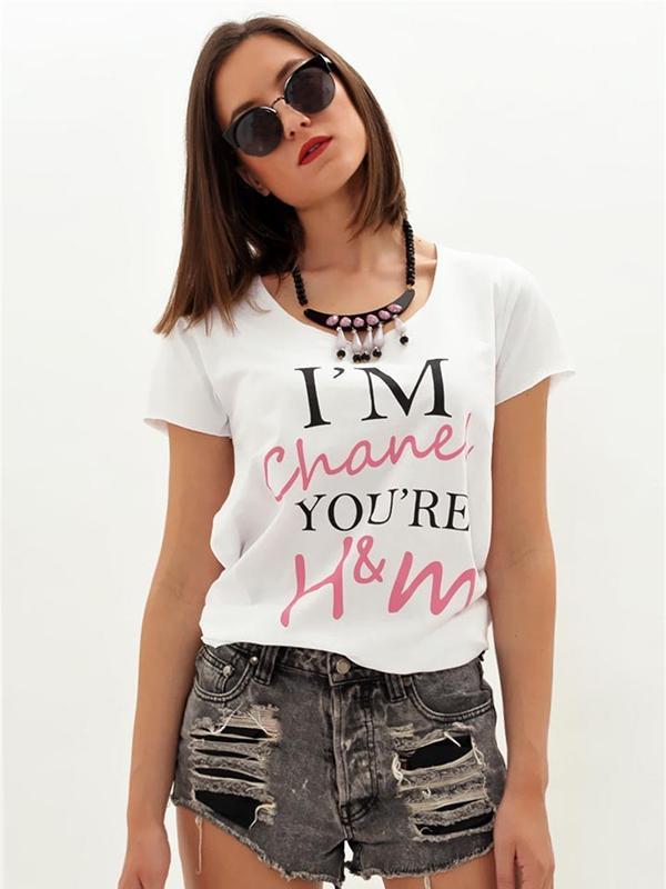 Mangas curtas das mulheres Letras 3D Imprimir em torno do pescoço T-shirt de algodão Tops