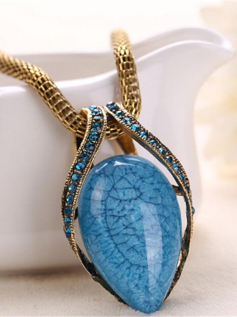 Kvinders nye vanddråbeform himmelblå kæde Retro Bohemian National Wind Pendant halskæde