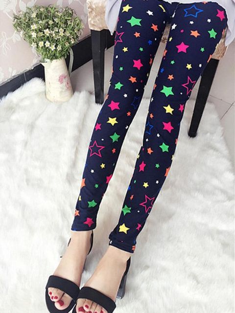 Kvinnors höstmode Plus storlek färgglada stjärnor Print graffiti stretchiga byxor skinny leggings