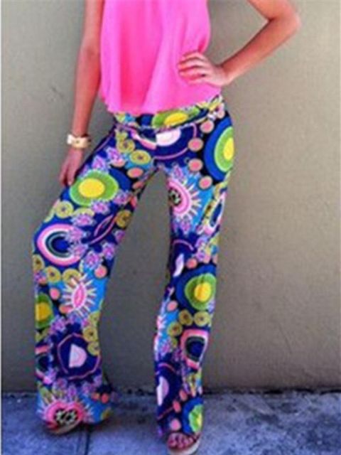 Women Fashion Floral Print Casual Pants Loose Elastic High Waist Wide Leg Long Pants